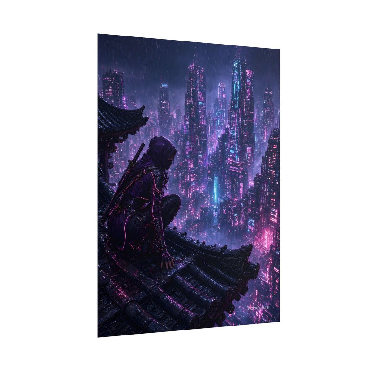 Neon Rooftop Kunoichi poster hanging above a dark gaming desk with neon lighting, view 7 of 8