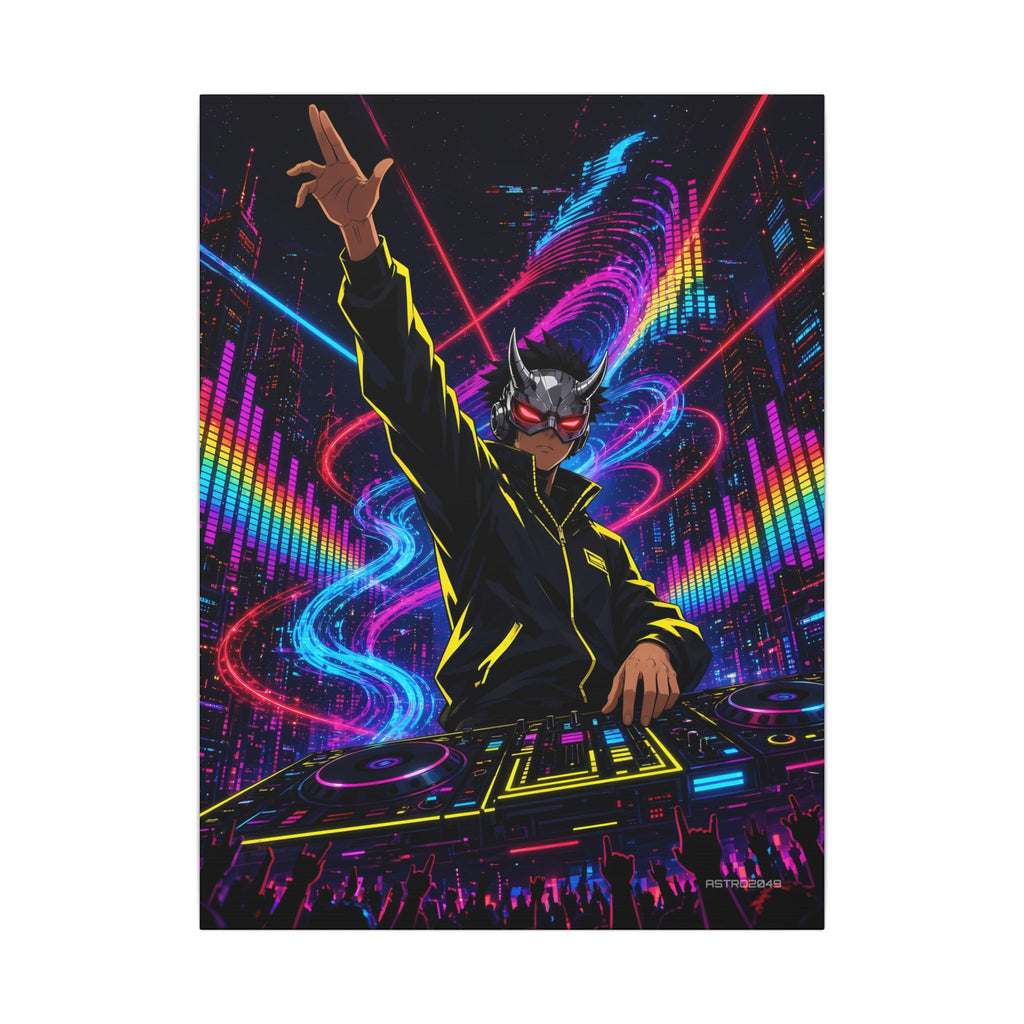 Vertical anime-style art of a masked DJ raising one arm above glowing decks, swirling neon sound waves and lasers behind, canvas by ASTRO2049