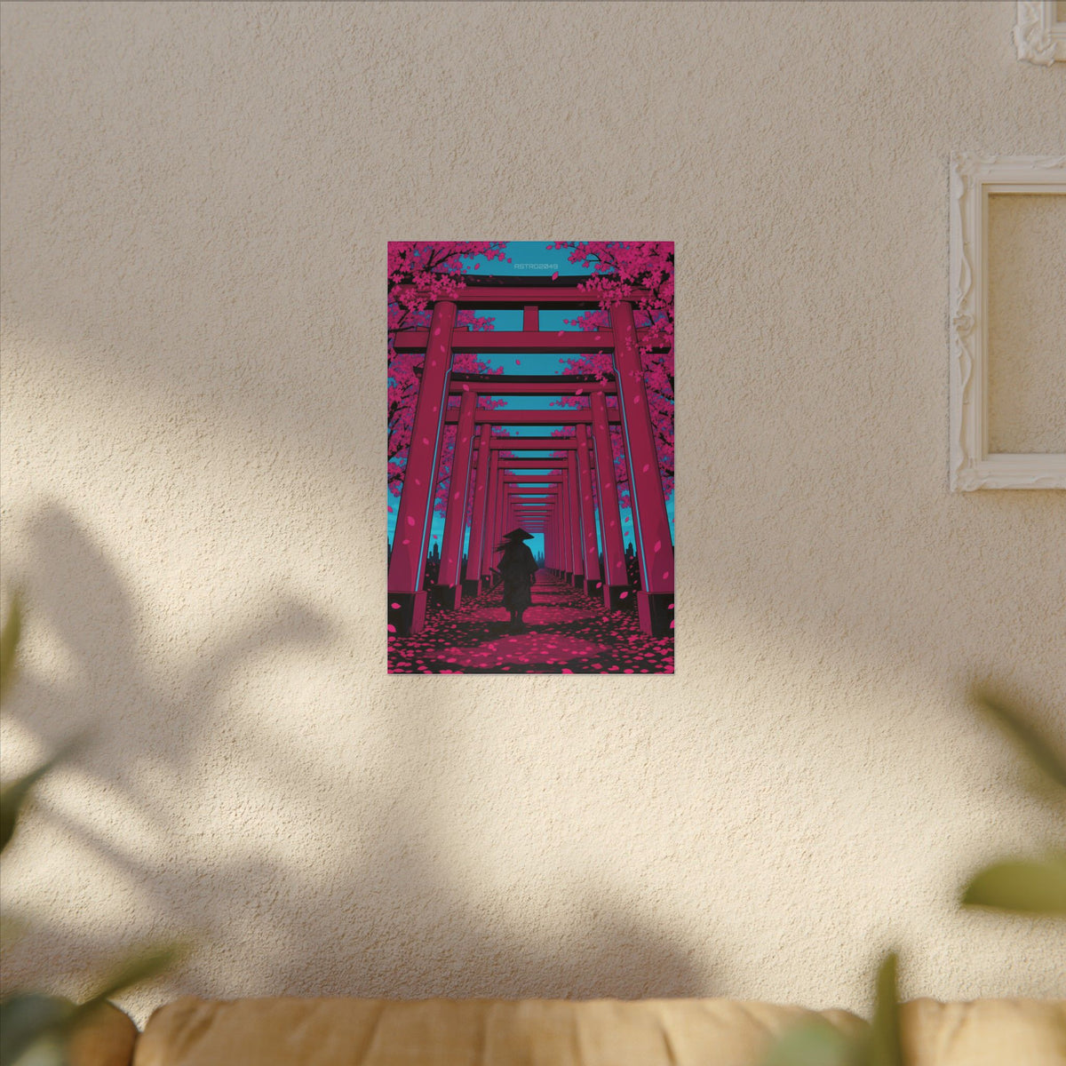 Torii Tunnel Samurai canvas hanging above a dark gaming desk with neon lighting, view 7 of 8
