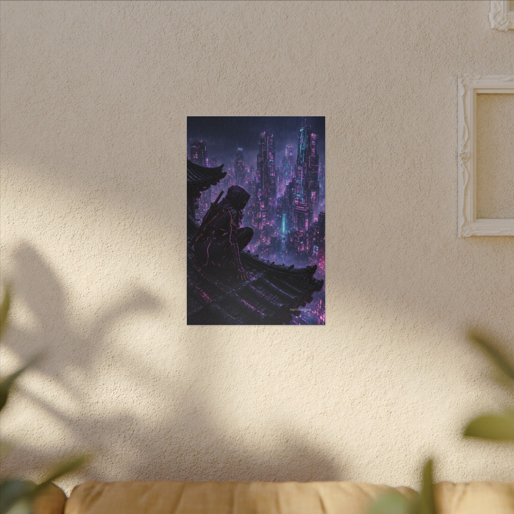 Neon Rooftop Kunoichi canvas hanging above a dark gaming desk with neon lighting, view 7 of 8