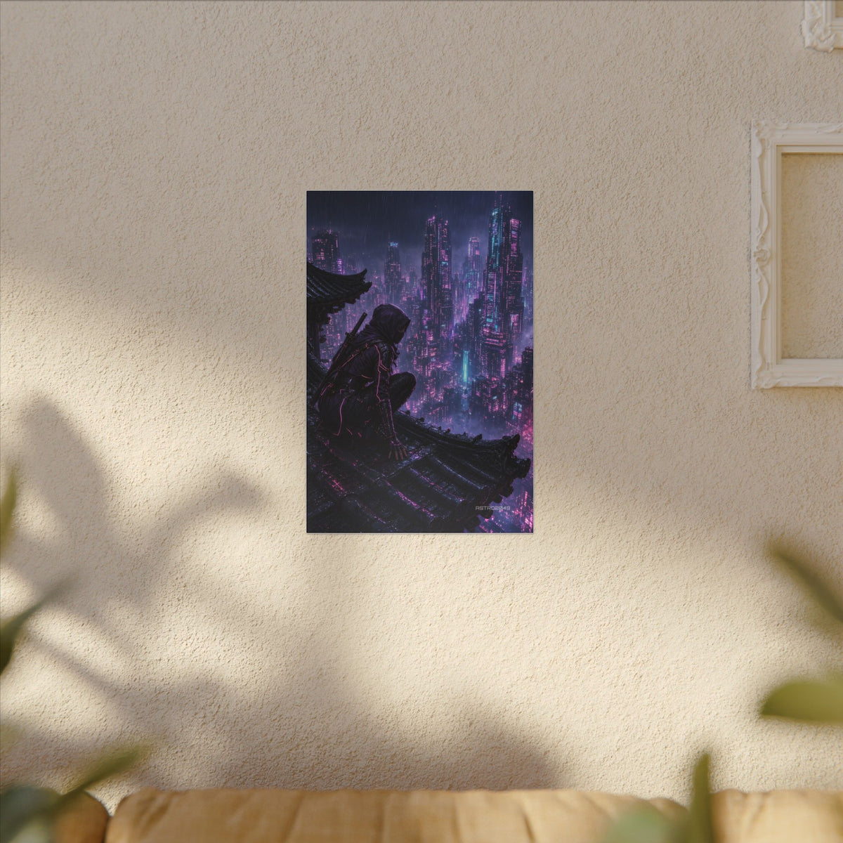 Neon Rooftop Kunoichi canvas hanging above a dark gaming desk with neon lighting, view 7 of 8