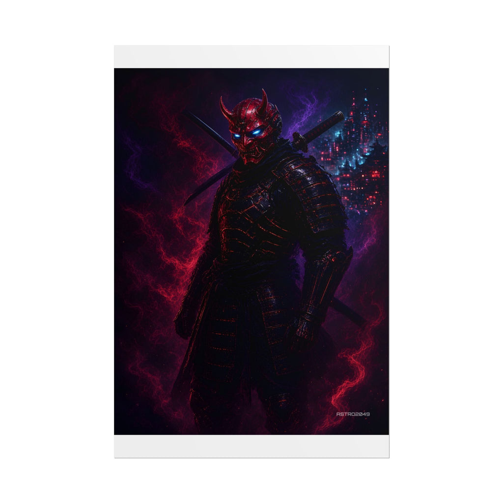 Vertical neon art of a cyber samurai in dark armour and a glowing red oni mask in front of a night megacity, poster by ASTRO2049
