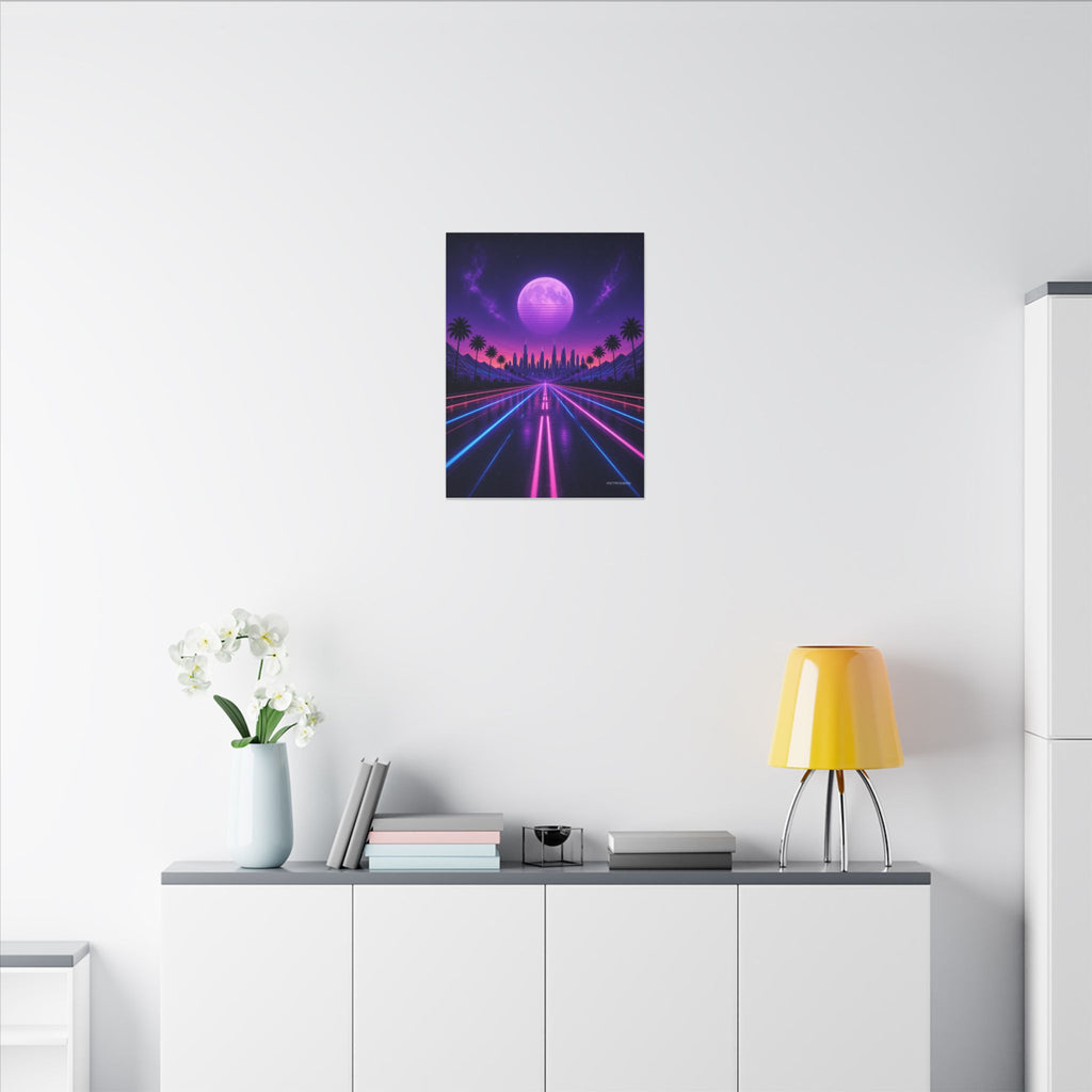 Night Drive 2049 canvas hanging above a dark gaming desk with neon lighting, view 5 of 8