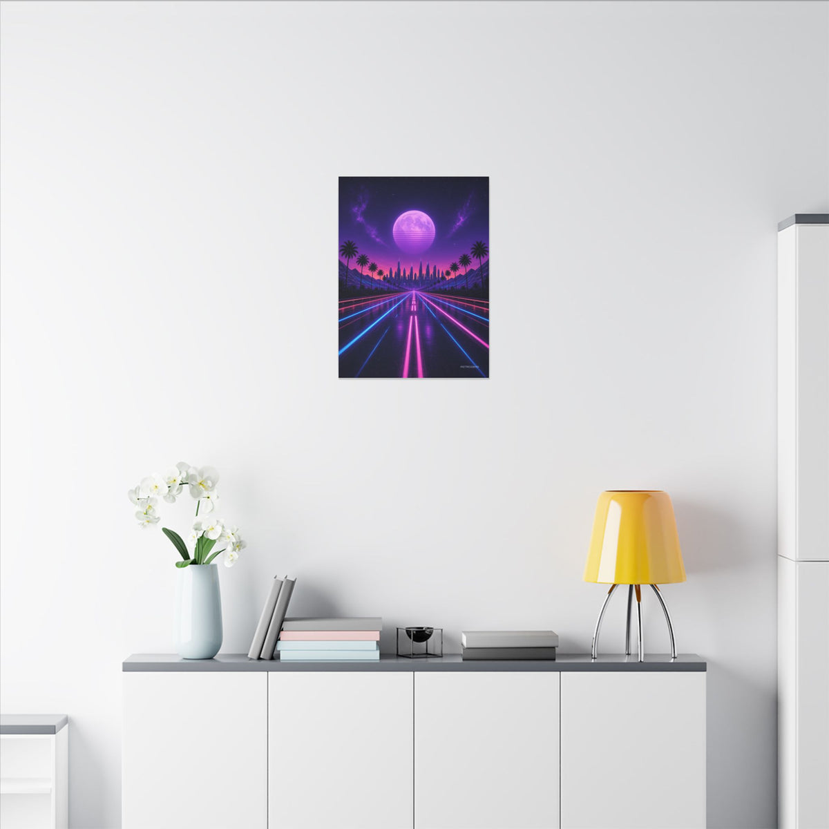 Night Drive 2049 canvas hanging above a dark gaming desk with neon lighting, view 5 of 8