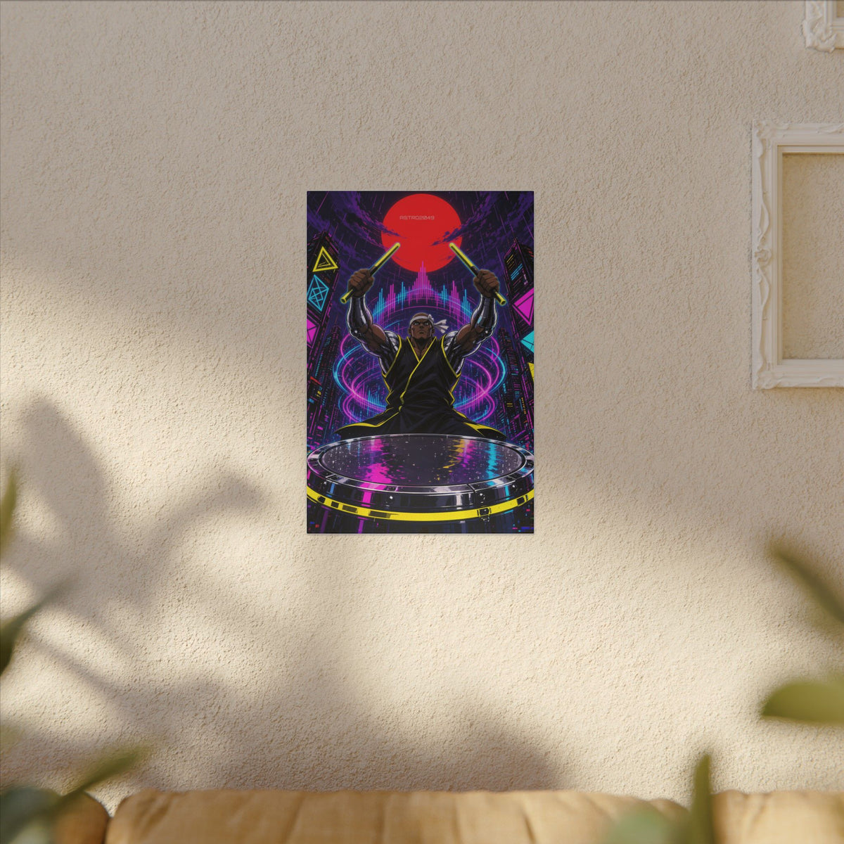 Taiko Thunder 2049 canvas hanging above a dark gaming desk with neon lighting, view 7 of 8