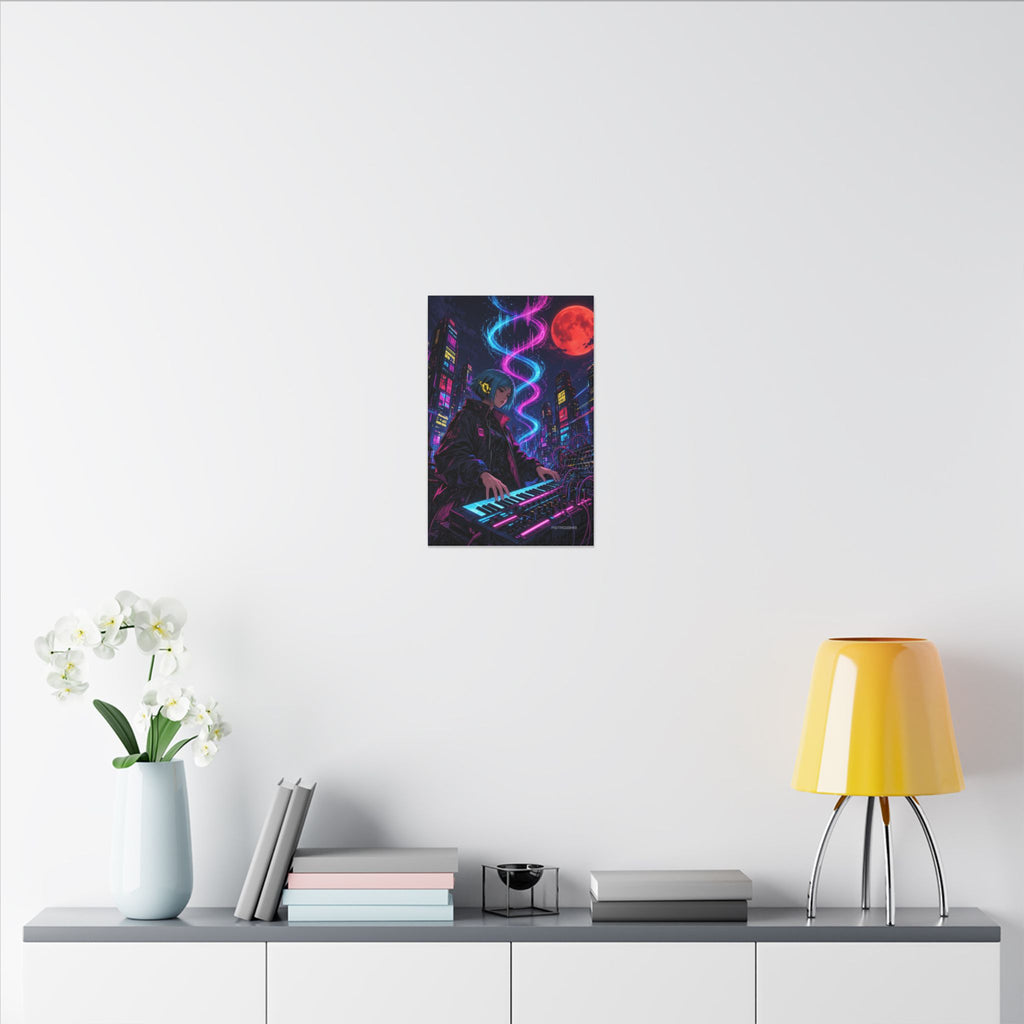 Rooftop Synth Runner canvas hanging above a dark gaming desk with neon lighting, view 8 of 8