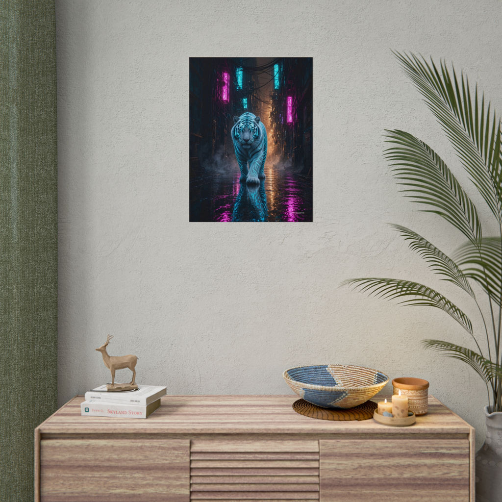 Rain Alley Tiger poster hanging above a dark gaming desk with neon lighting, view 8 of 8