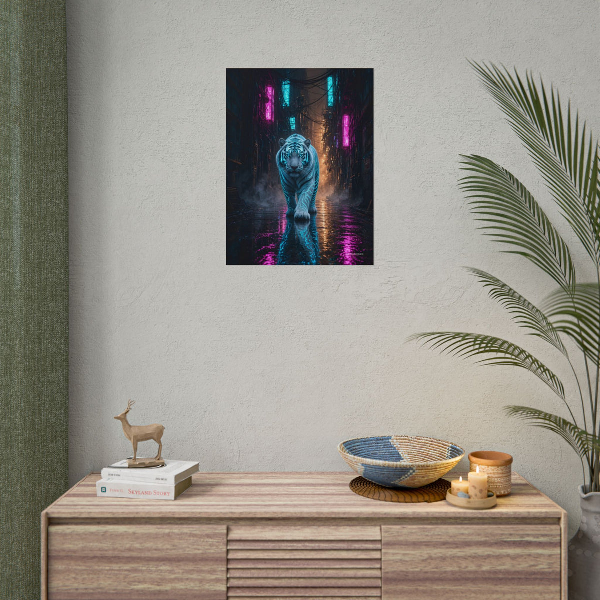 Rain Alley Tiger poster hanging above a dark gaming desk with neon lighting, view 8 of 8