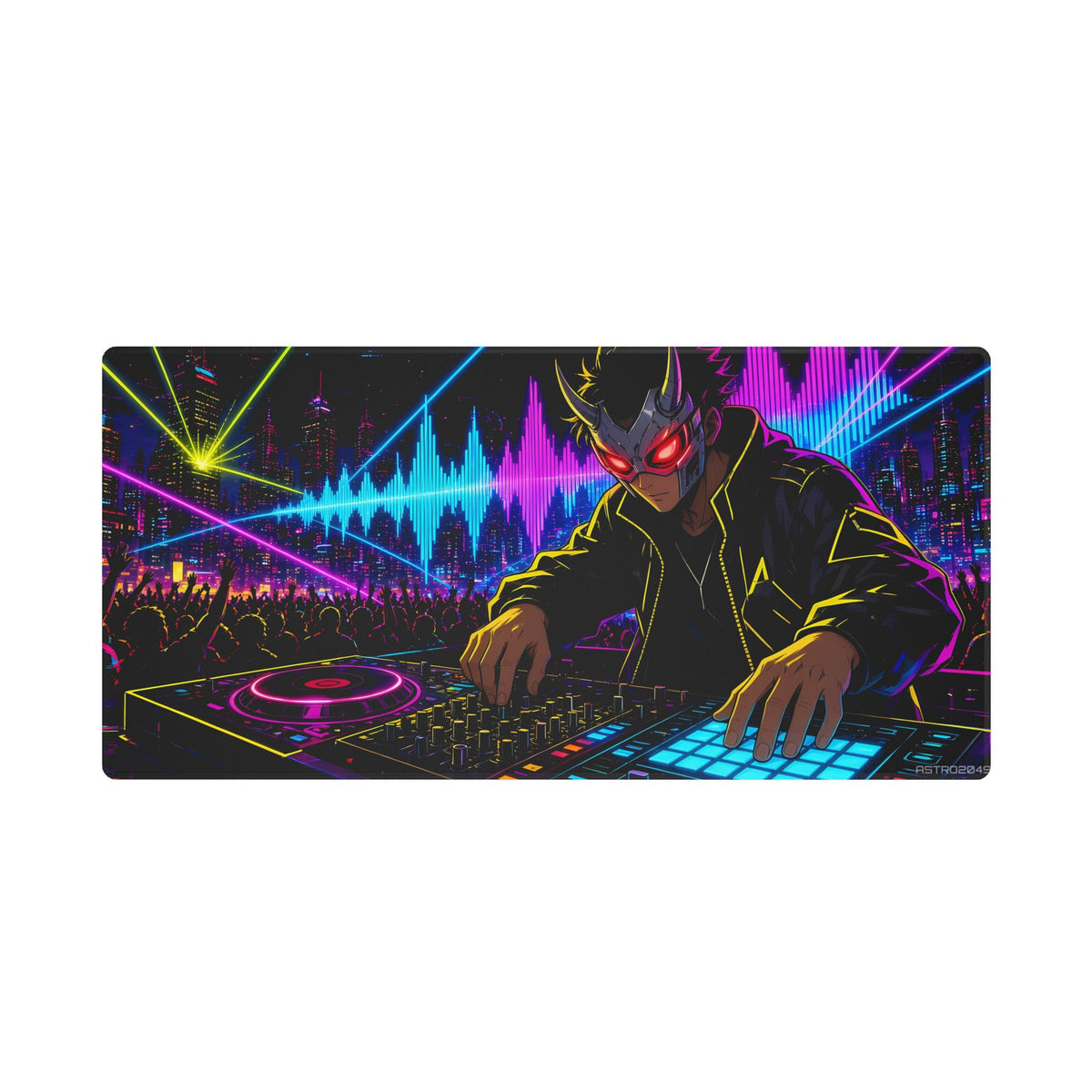 Bassline Oni DJ desk mat under a keyboard and mouse in a dark neon gaming setup – 36 x 18 in