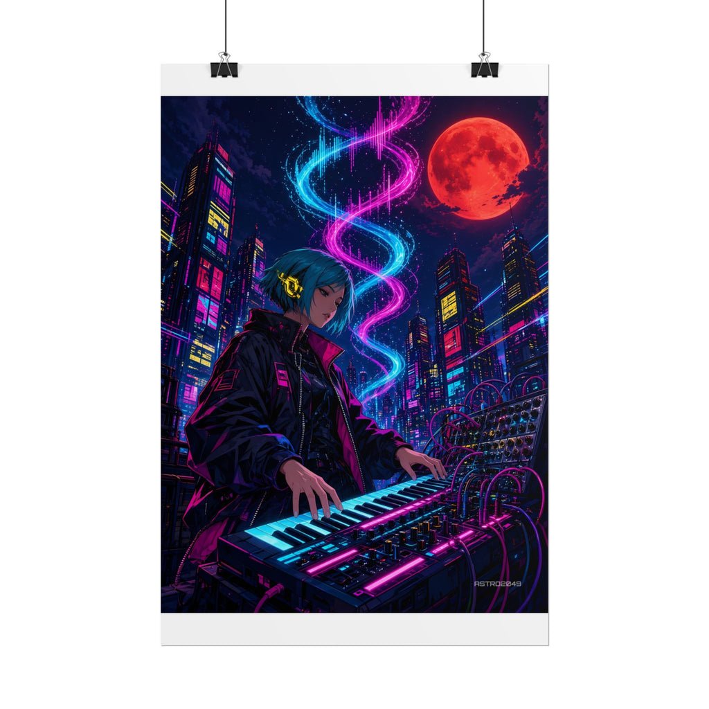 Rooftop Synth Runner poster hanging above a dark gaming desk with neon lighting, view 3 of 8