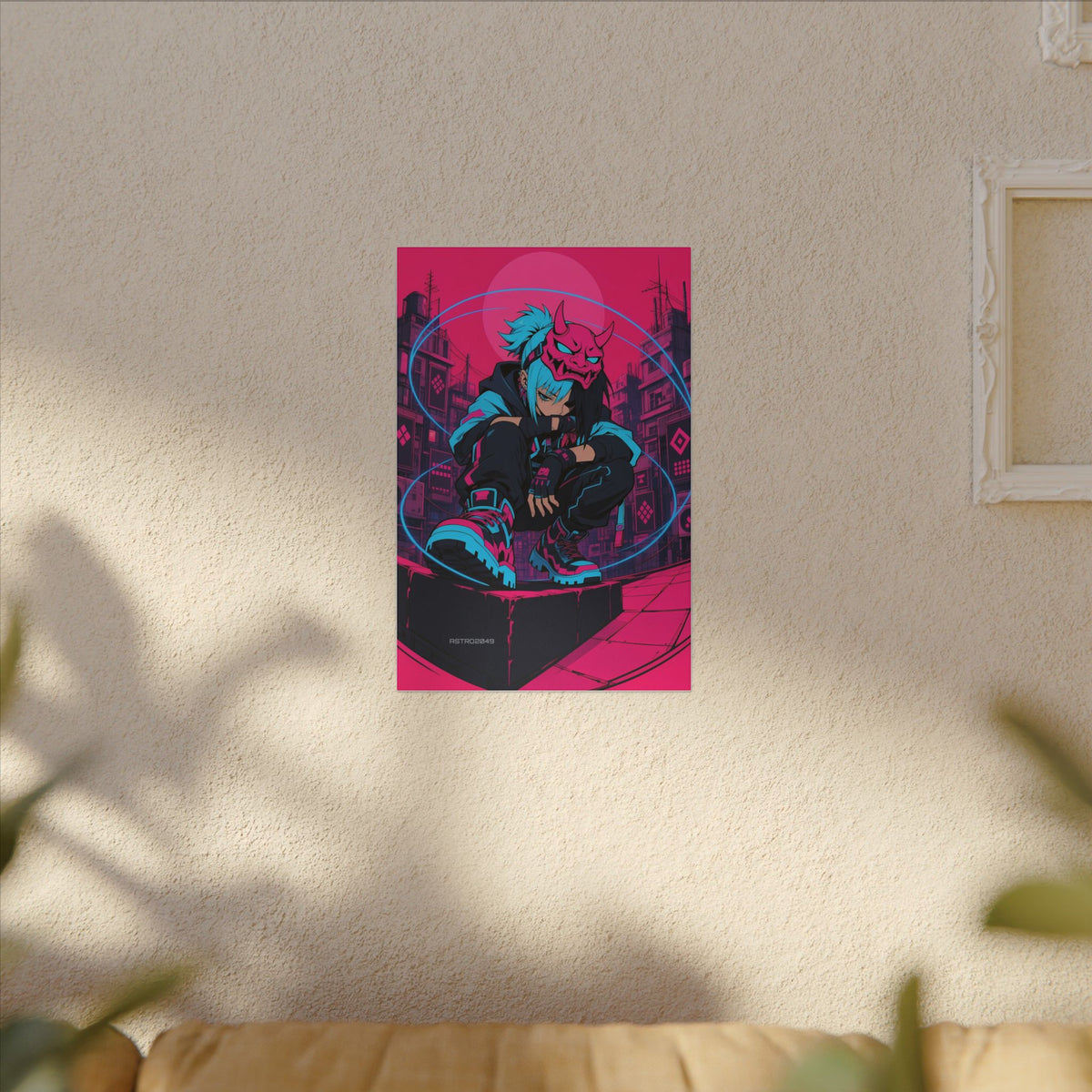 Kira Netrunner 2049 canvas hanging above a dark gaming desk with neon lighting, view 7 of 8