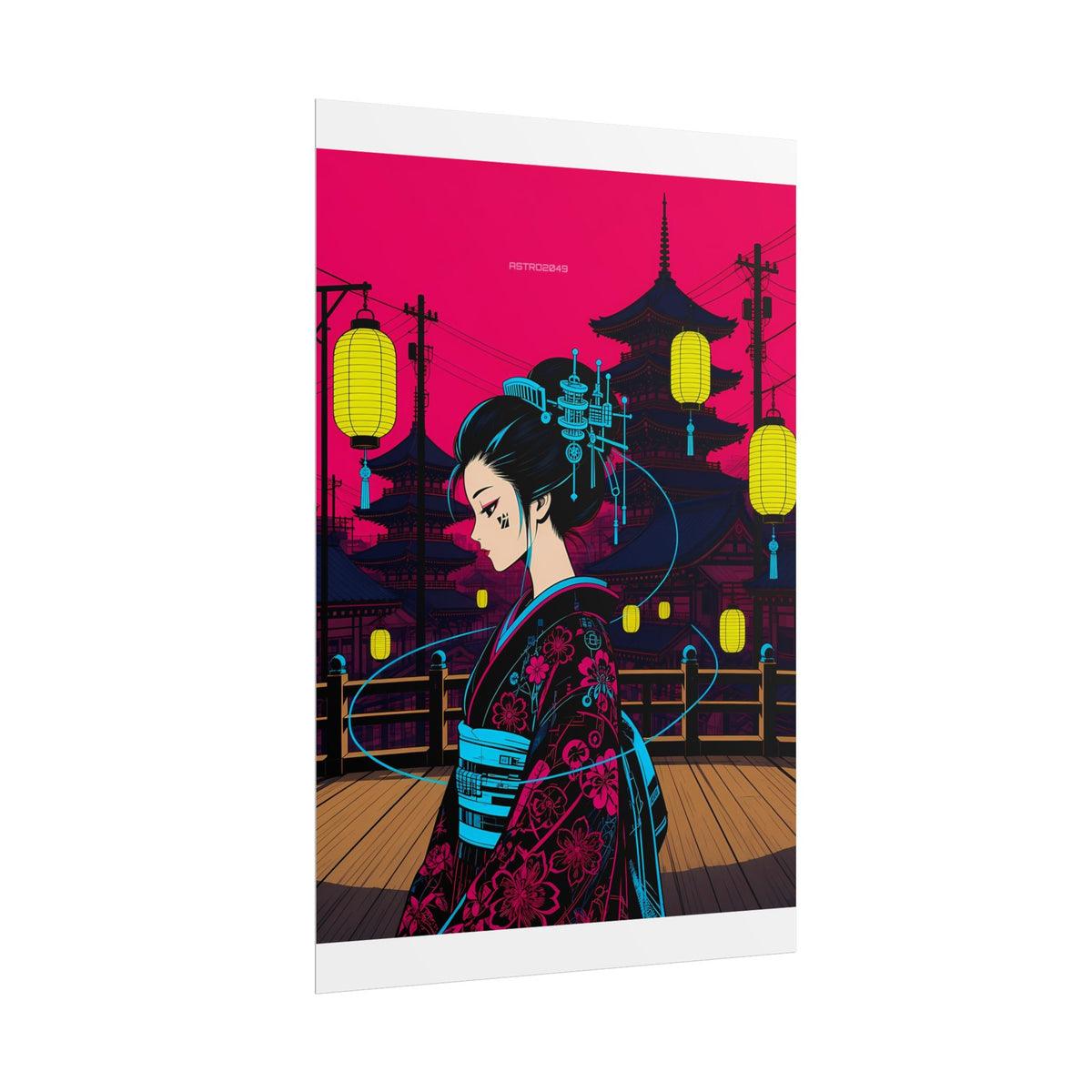Lantern Bridge Geisha poster hanging above a dark gaming desk with neon lighting, view 4 of 8