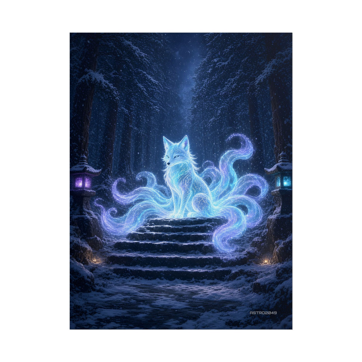 Snow Shrine Kitsune poster hanging above a dark gaming desk with neon lighting, view 2 of 8