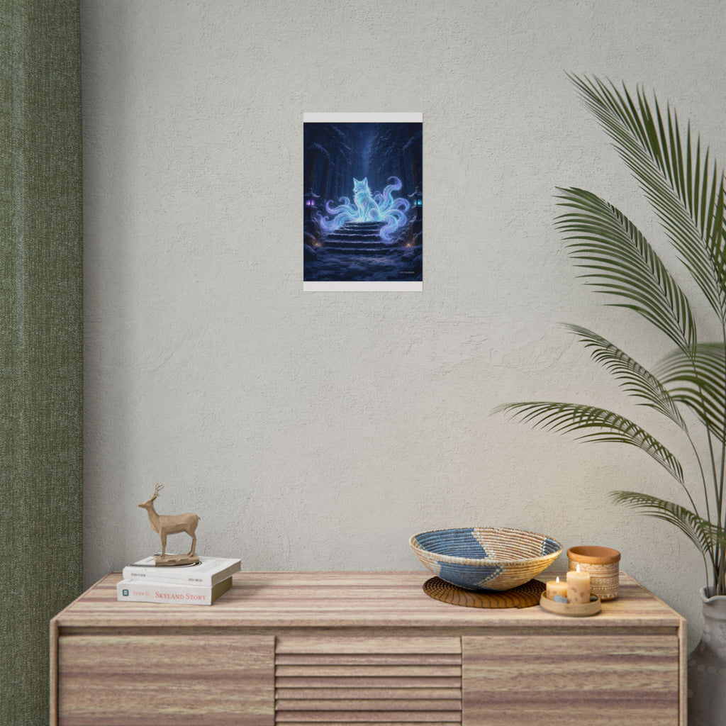 Snow Shrine Kitsune poster hanging above a dark gaming desk with neon lighting, view 5 of 8