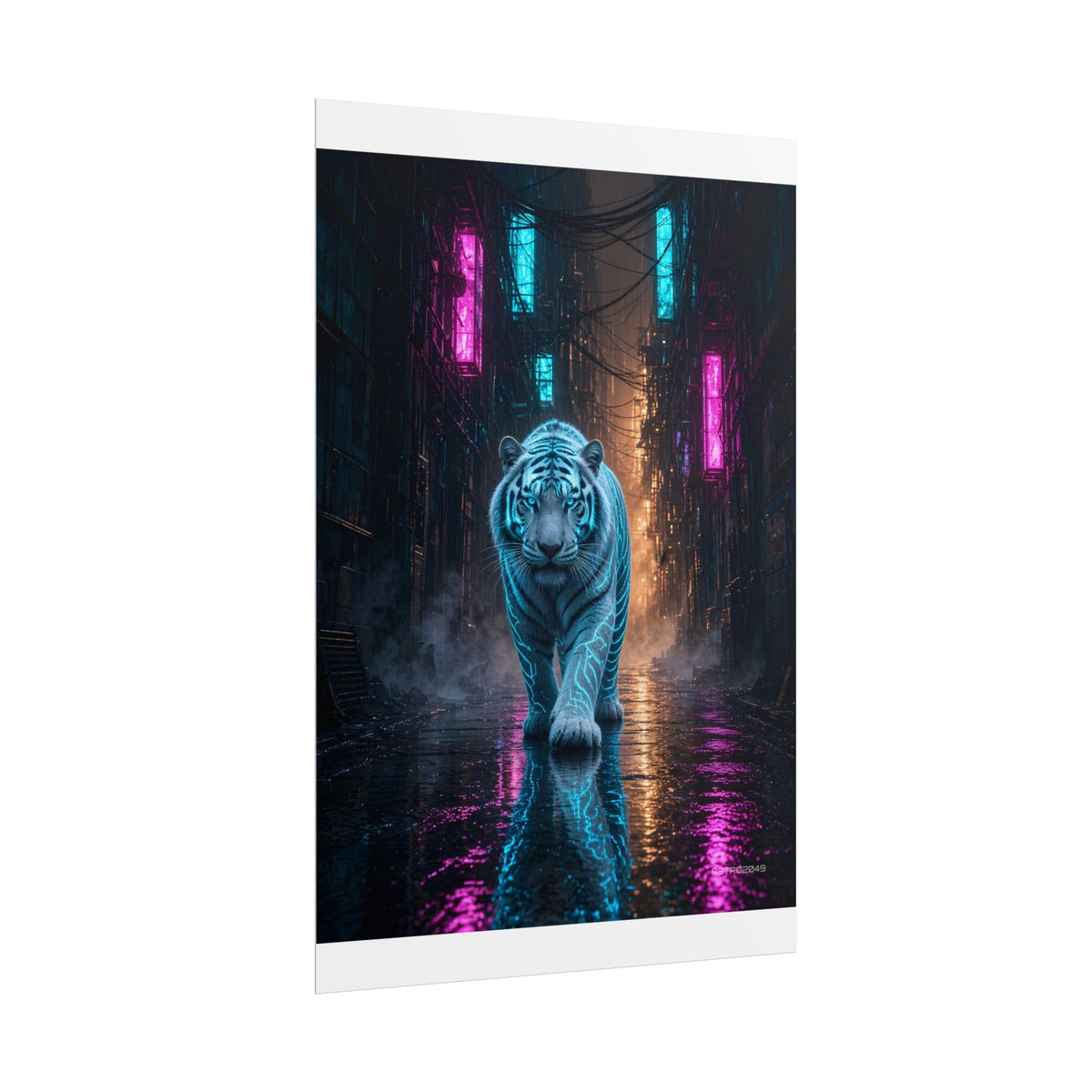 Rain Alley Tiger poster hanging above a dark gaming desk with neon lighting, view 4 of 8