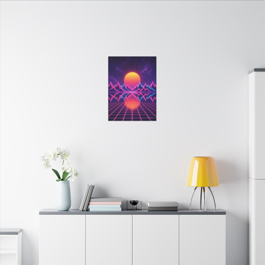Waveform Sunset canvas hanging above a dark gaming desk with neon lighting, view 5 of 8
