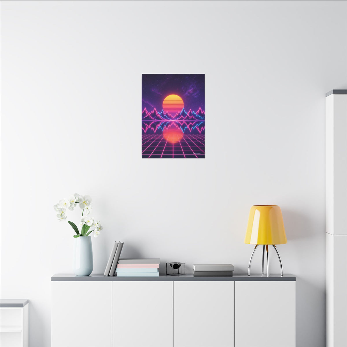 Waveform Sunset canvas hanging above a dark gaming desk with neon lighting, view 5 of 8