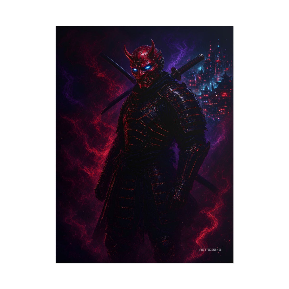 Oni Mask Ronin poster hanging above a dark gaming desk with neon lighting, view 2 of 8