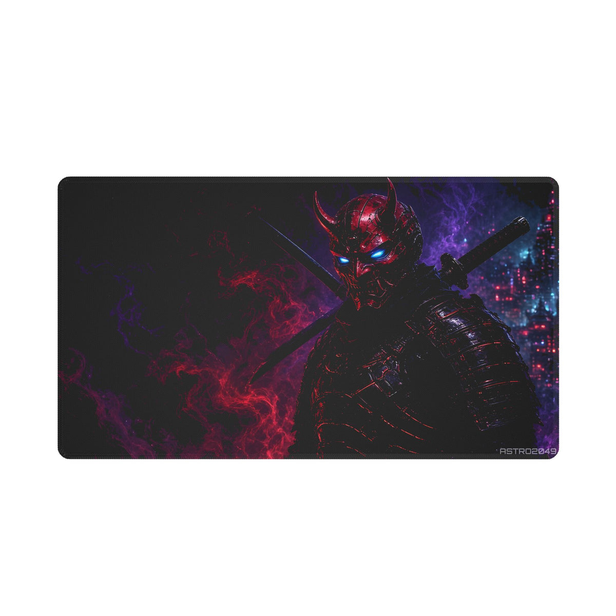 Cyberpunk samurai in a glowing crimson oni mask with cyan eyes, katana on his shoulder, red and violet neon smoke, desk mat by ASTRO2049