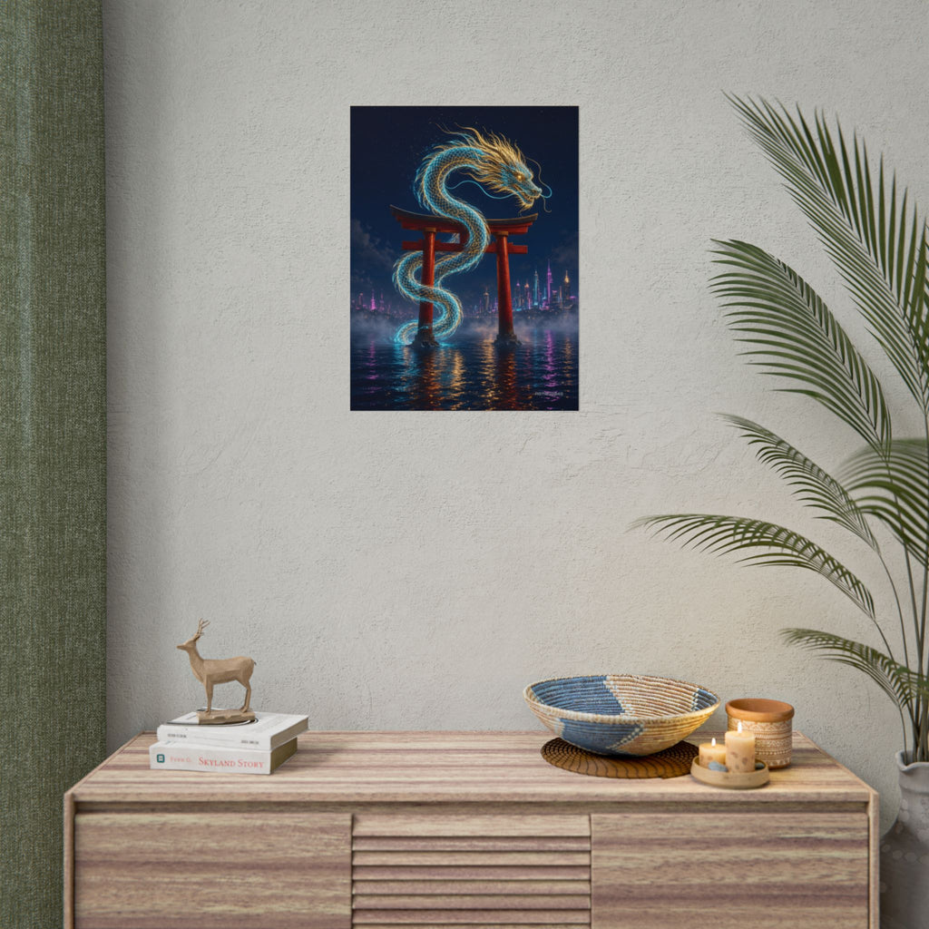 Tide Gate Dragon poster hanging above a dark gaming desk with neon lighting, view 8 of 8