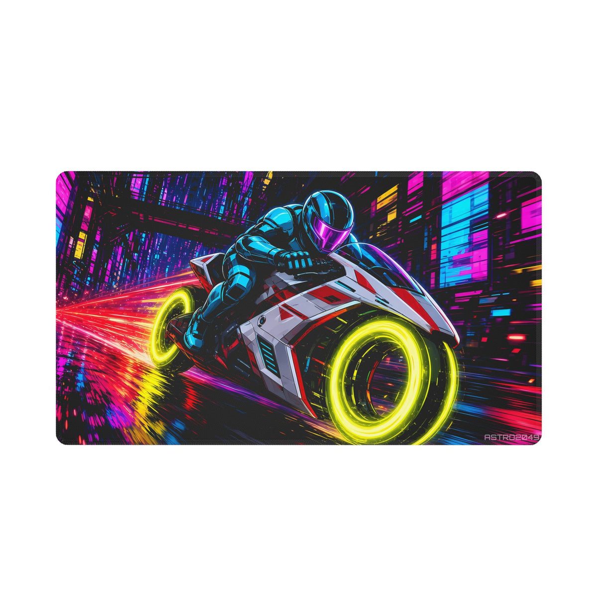 Anime-style rider in cyan armour on a futuristic white and red bike with glowing yellow ring wheels racing through a neon megacity street, desk mat by ASTRO2049