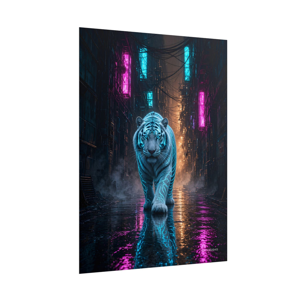 Rain Alley Tiger poster hanging above a dark gaming desk with neon lighting, view 7 of 8