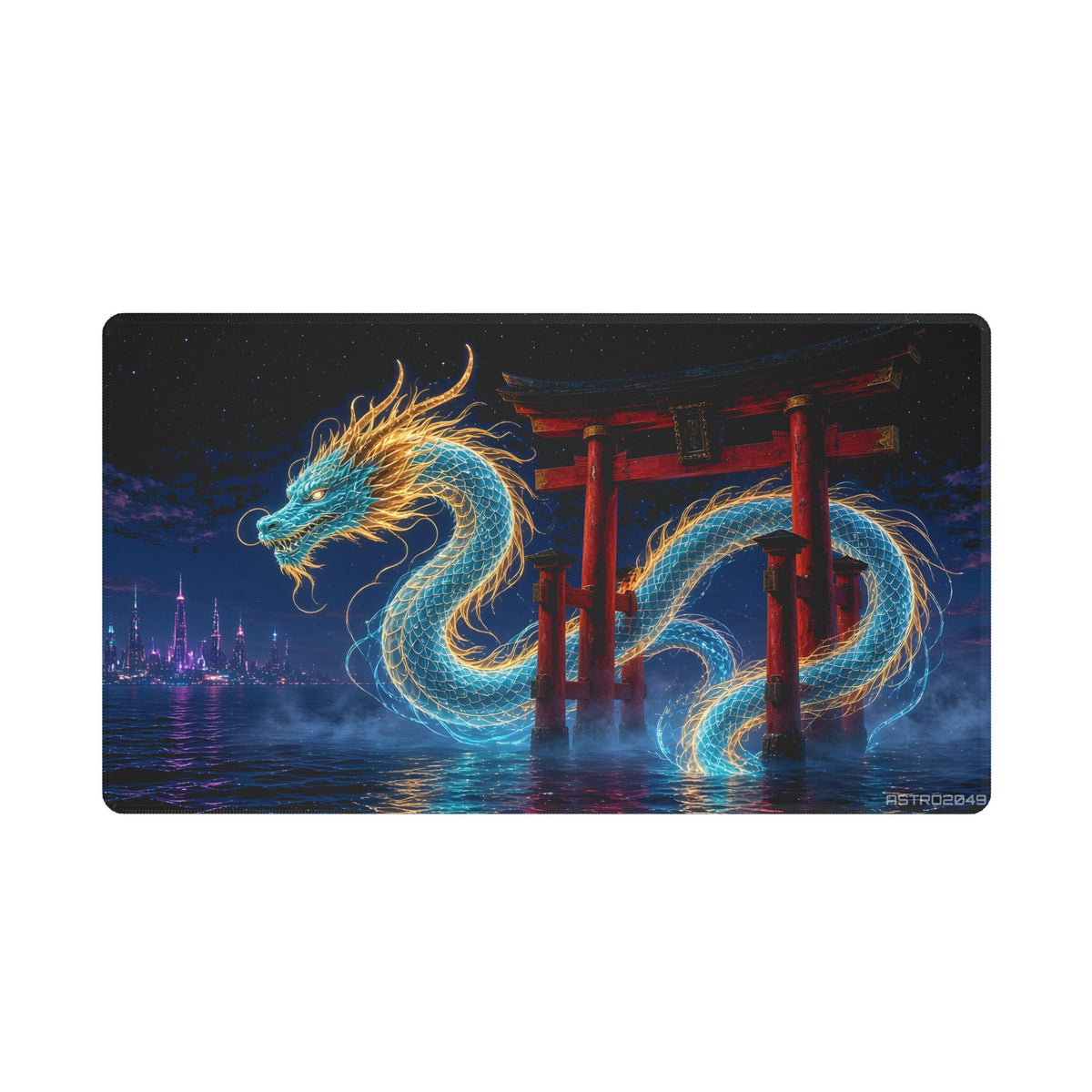 Glowing cyan and gold eastern dragon coiling around a red torii gate standing in a dark sea at night with neon reflections, desk mat by ASTRO2049