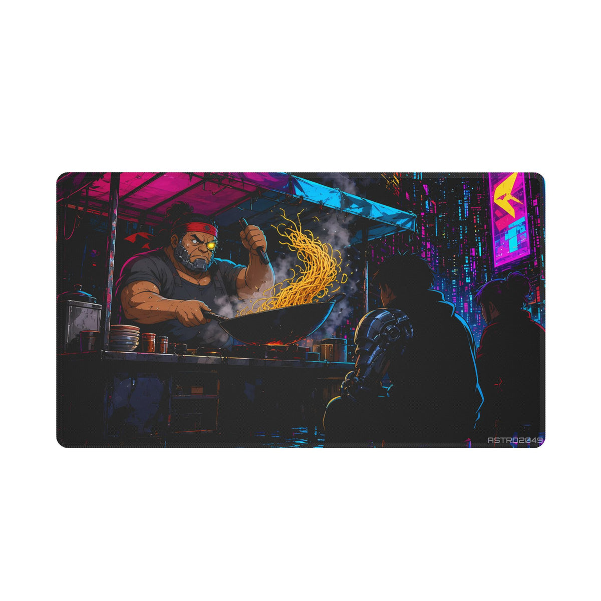 Anime-style cyborg cook with a red headband and glowing yellow eye implant tossing noodles from a flaming wok at a neon street stall, two customers on stools, rainy alley behind, desk mat by ASTRO2049