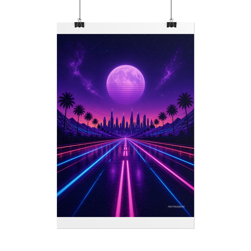 Night Drive 2049 poster hanging above a dark gaming desk with neon lighting, view 3 of 8