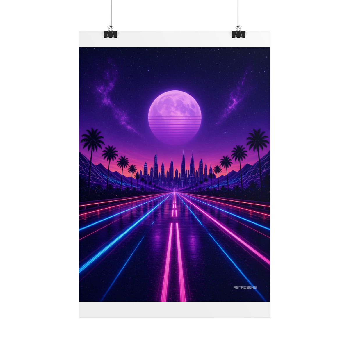Night Drive 2049 poster hanging above a dark gaming desk with neon lighting, view 3 of 8