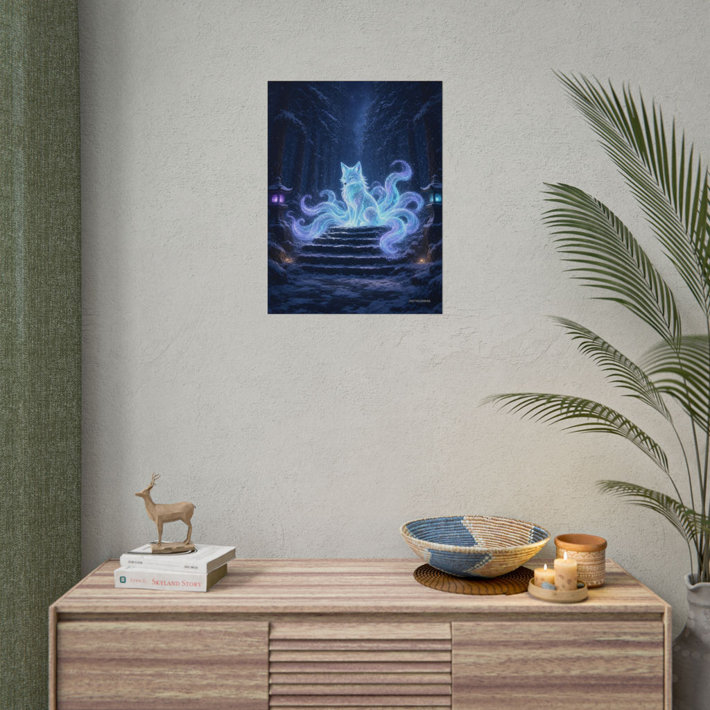 Snow Shrine Kitsune poster hanging above a dark gaming desk with neon lighting, view 8 of 8