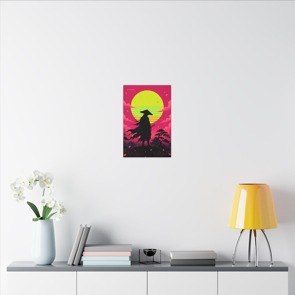 Retrowave Sun Ronin canvas hanging above a dark gaming desk with neon lighting, view 8 of 8