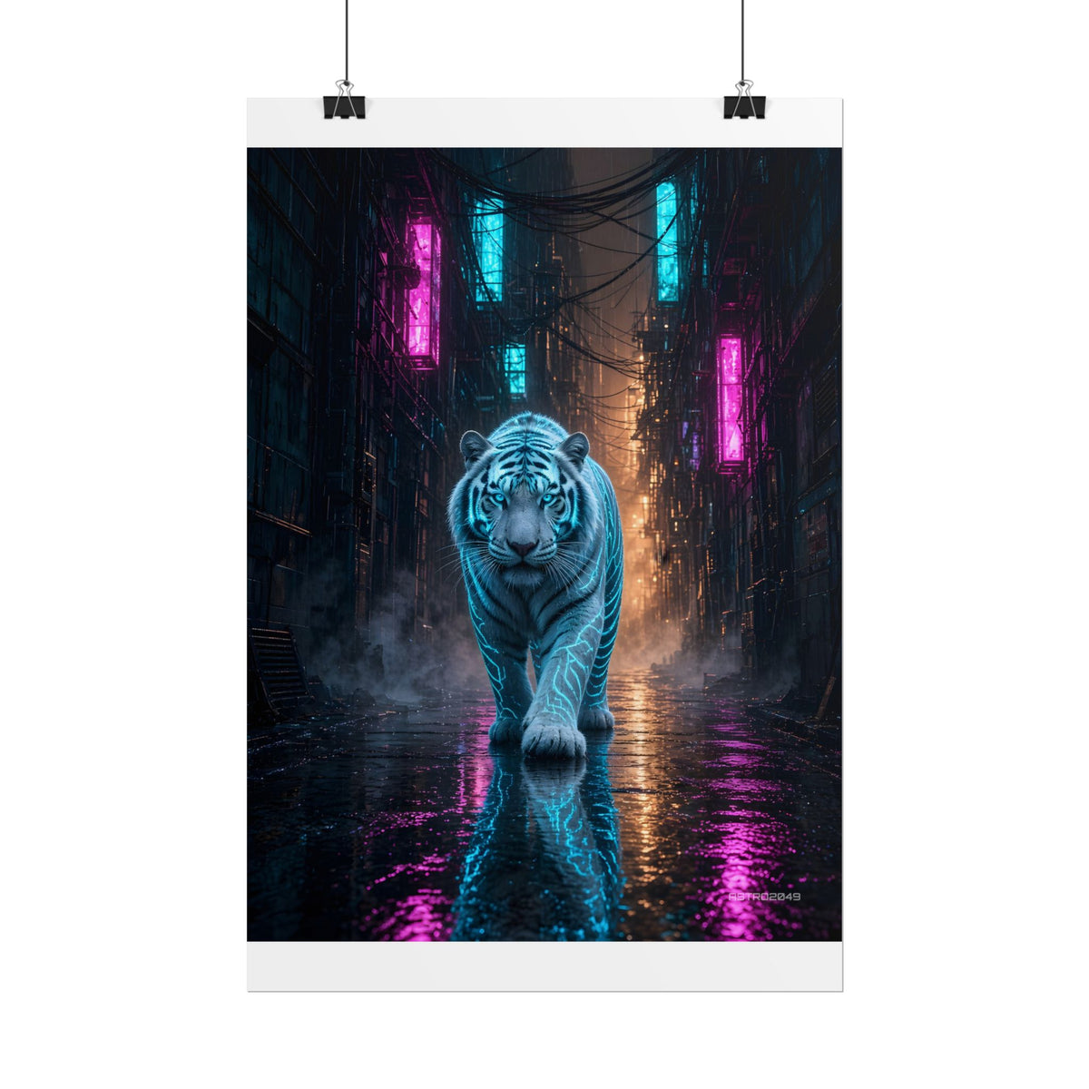 Rain Alley Tiger poster hanging above a dark gaming desk with neon lighting, view 3 of 8