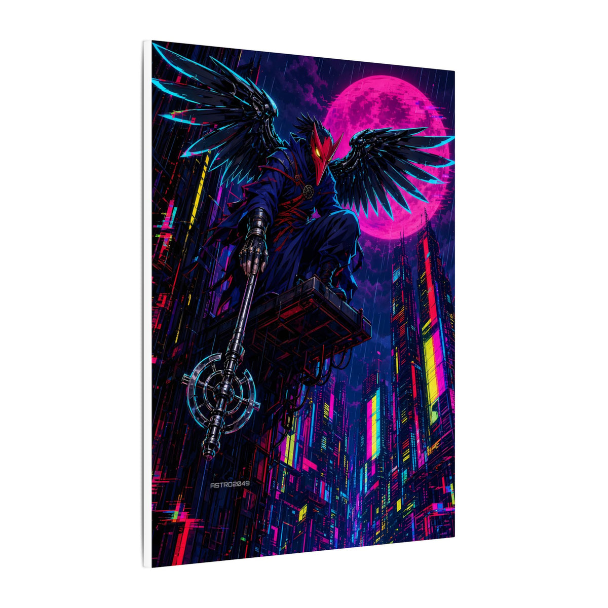 Chrome Tengu Sentinel canvas hanging above a dark gaming desk with neon lighting, view 3 of 8