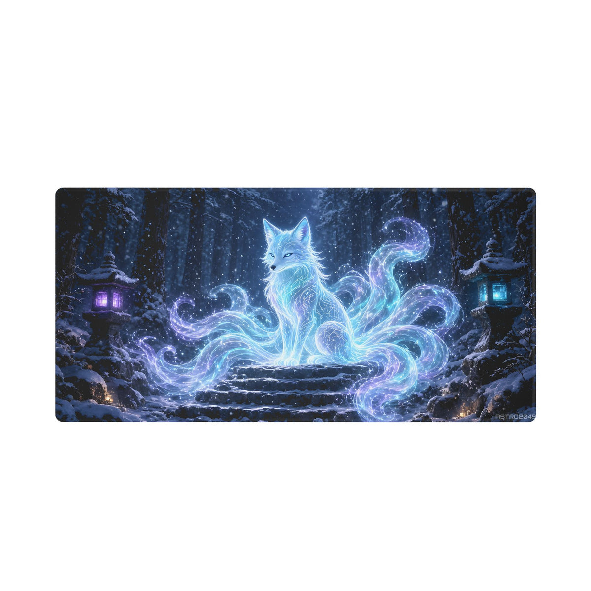 Snow Shrine Kitsune desk mat under a keyboard and mouse in a dark neon gaming setup – 36 x 18 in / 48 x 24 in