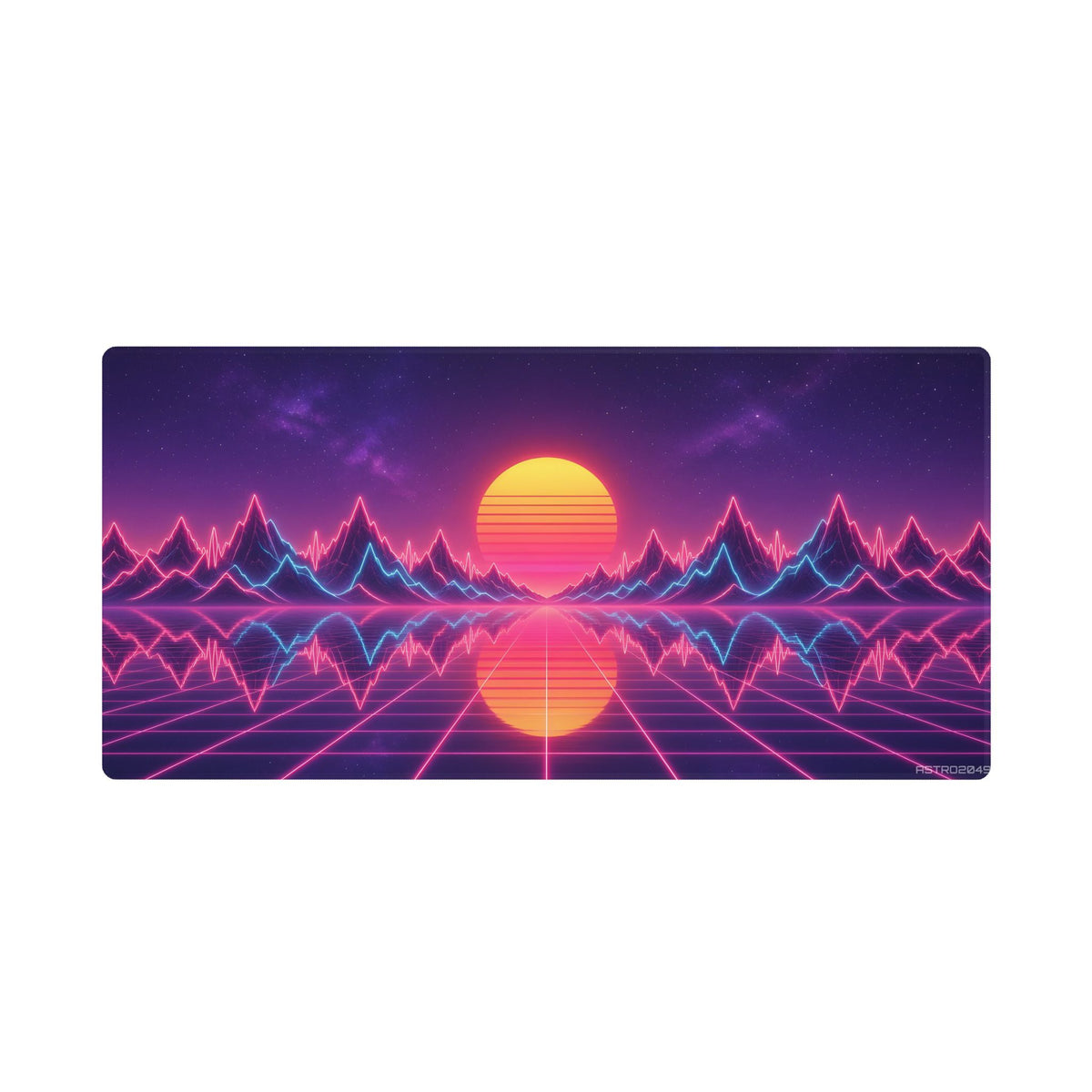 Waveform Sunset desk mat under a keyboard and mouse in a dark neon gaming setup – 36 x 18 in