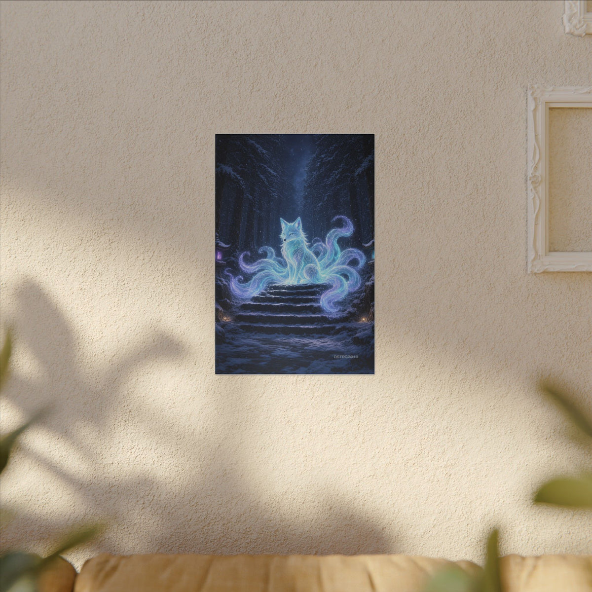 Snow Shrine Kitsune canvas hanging above a dark gaming desk with neon lighting, view 7 of 8