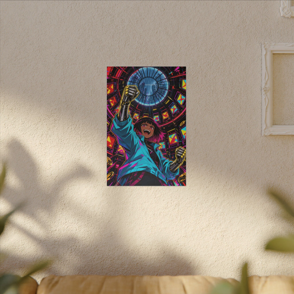 Arcade Nights 2049 canvas hanging above a dark gaming desk with neon lighting, view 7 of 8