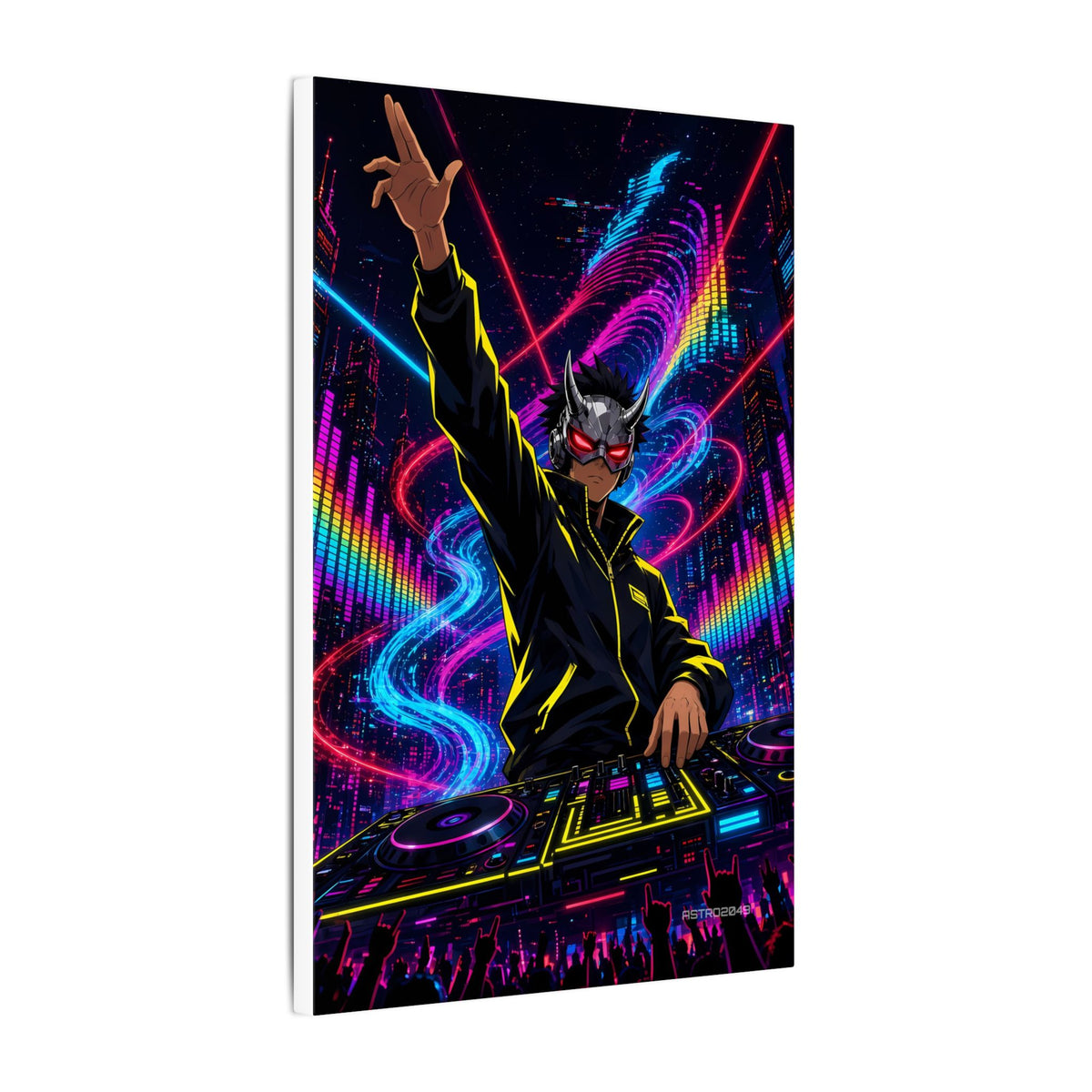 Bassline Oni DJ canvas hanging above a dark gaming desk with neon lighting, view 6 of 8