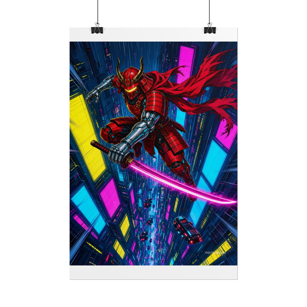 Skyfall Chrome Samurai poster hanging above a dark gaming desk with neon lighting, view 3 of 8