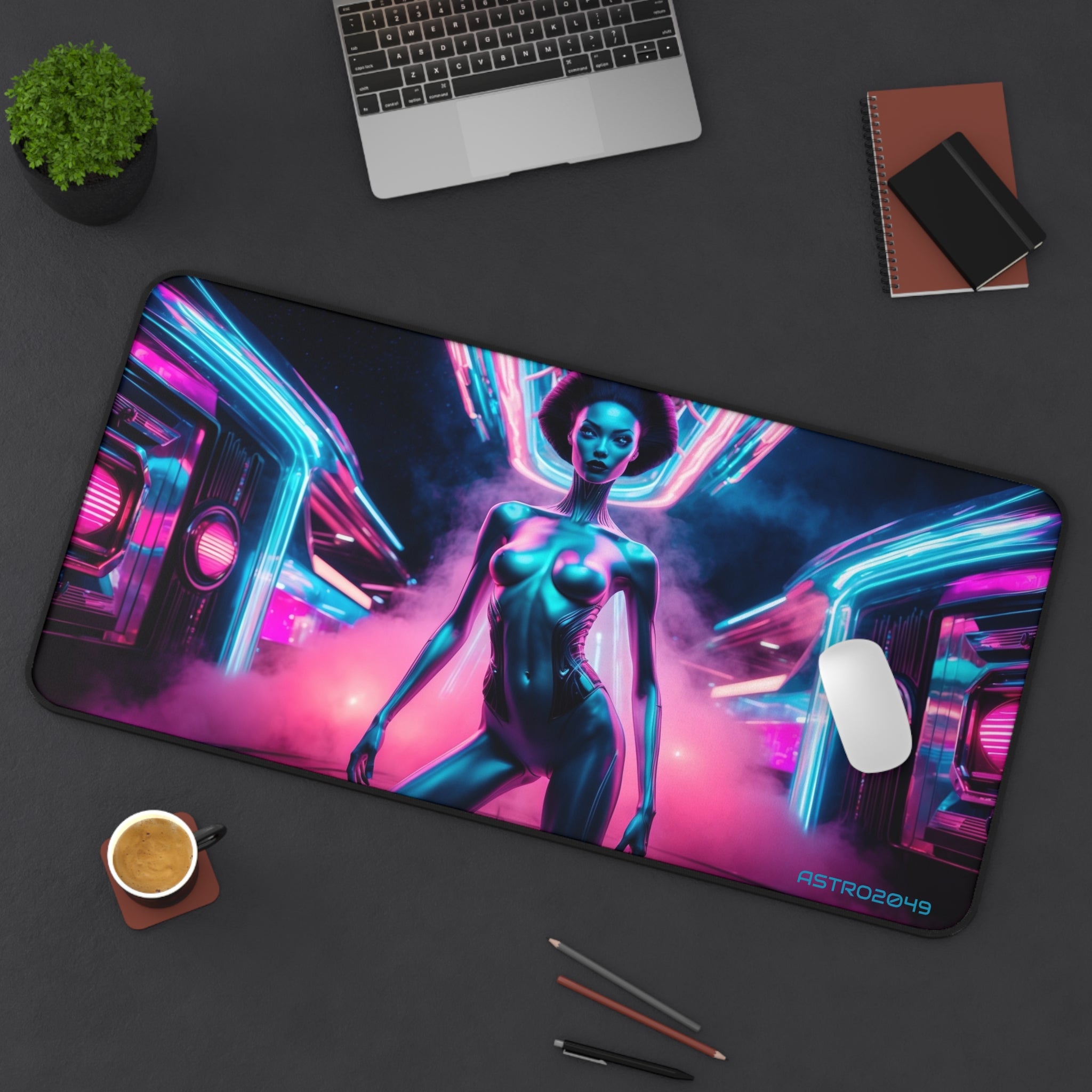 CYBERPUNK -ALIEN - Futuristic Alien Desk Mat, Cyberpunk Office Decor, Gaming Mouse Pad, Neon Aesthetic Gift