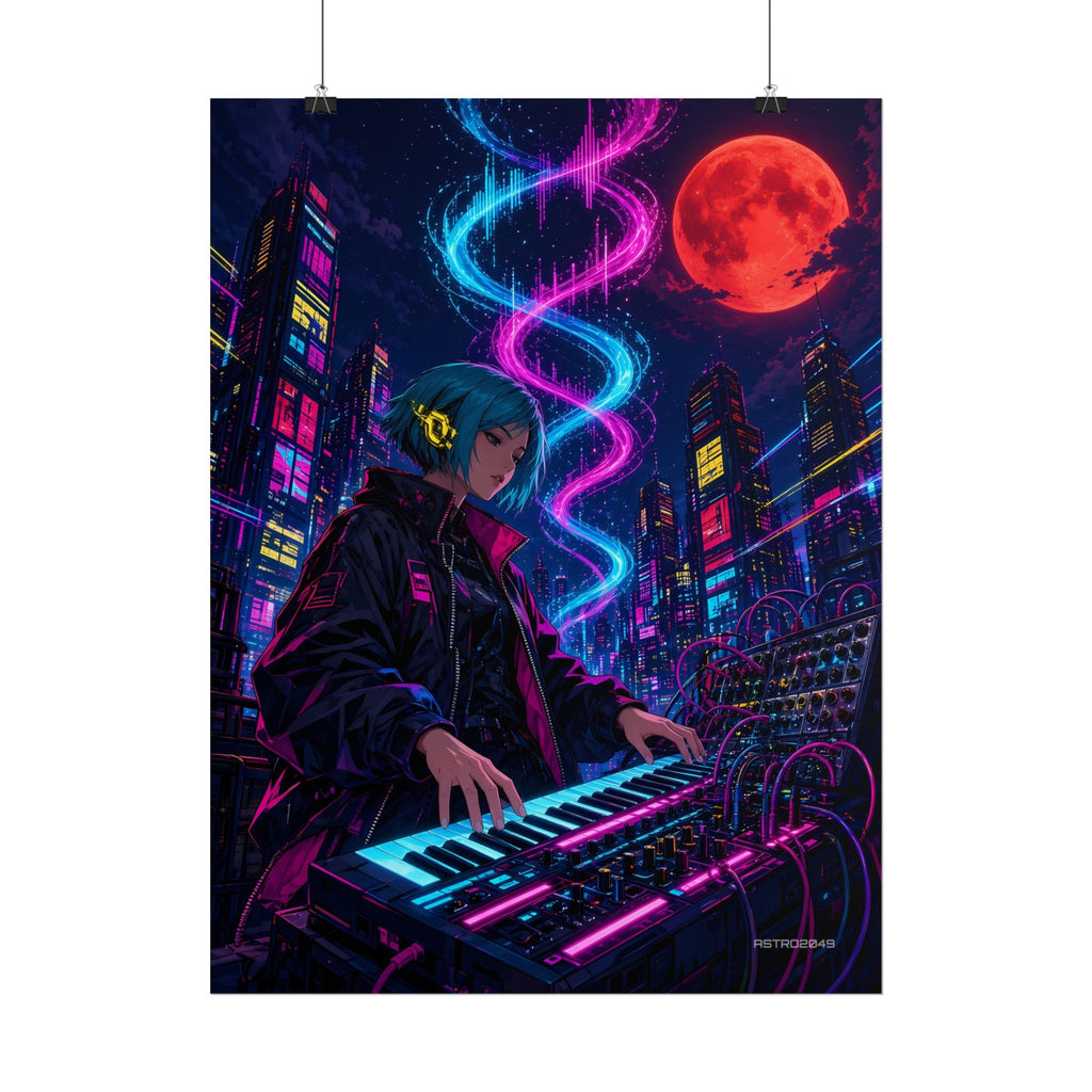 Rooftop Synth Runner poster hanging above a dark gaming desk with neon lighting, view 6 of 8