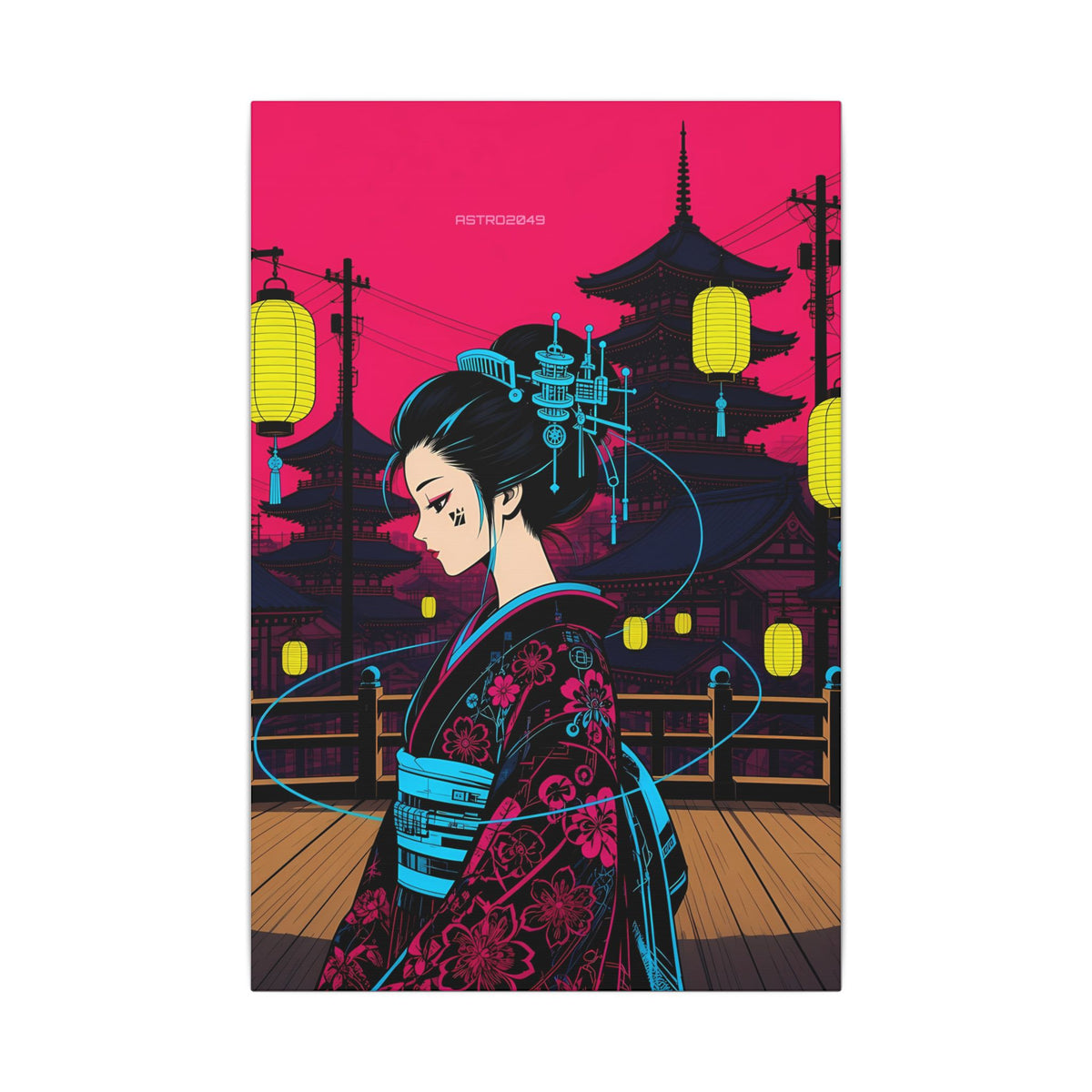 Lantern Bridge Geisha canvas hanging above a dark gaming desk with neon lighting, view 2 of 8