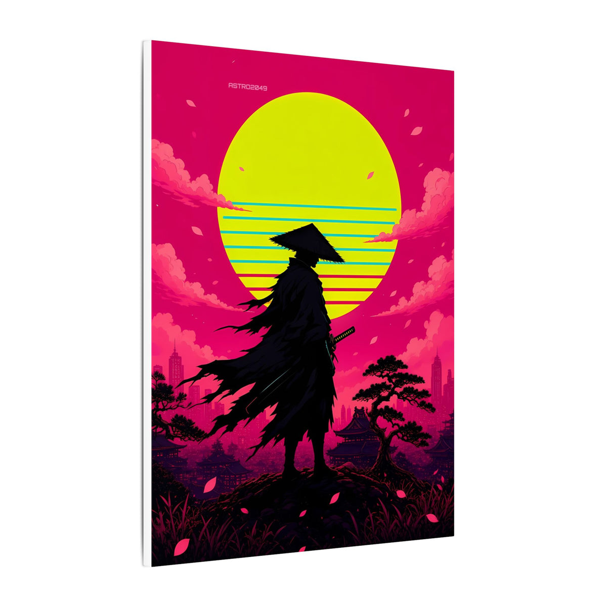 Retrowave Sun Ronin canvas hanging above a dark gaming desk with neon lighting, view 3 of 8