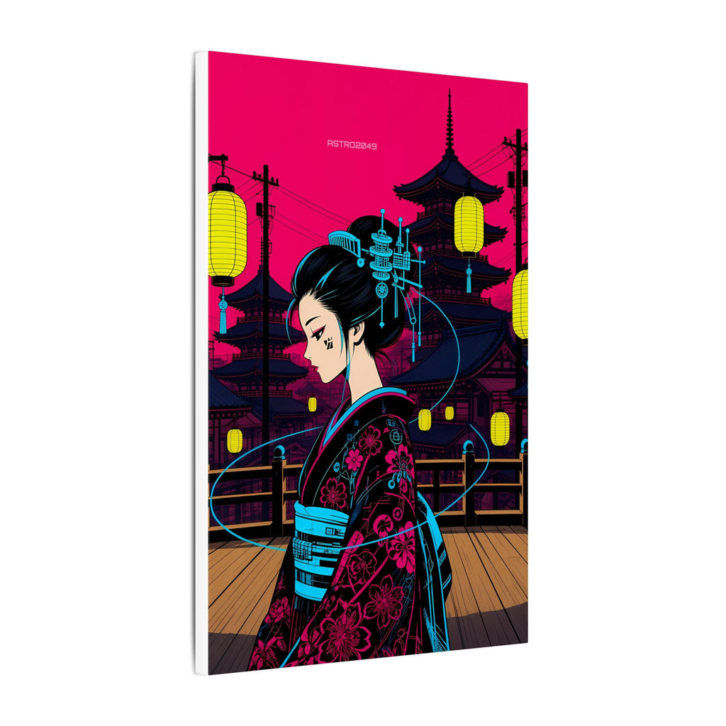 Lantern Bridge Geisha canvas hanging above a dark gaming desk with neon lighting, view 6 of 8
