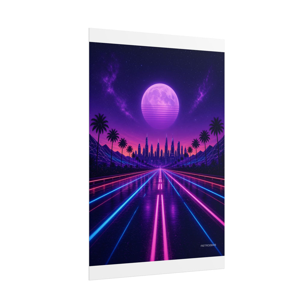 Night Drive 2049 poster hanging above a dark gaming desk with neon lighting, view 4 of 8