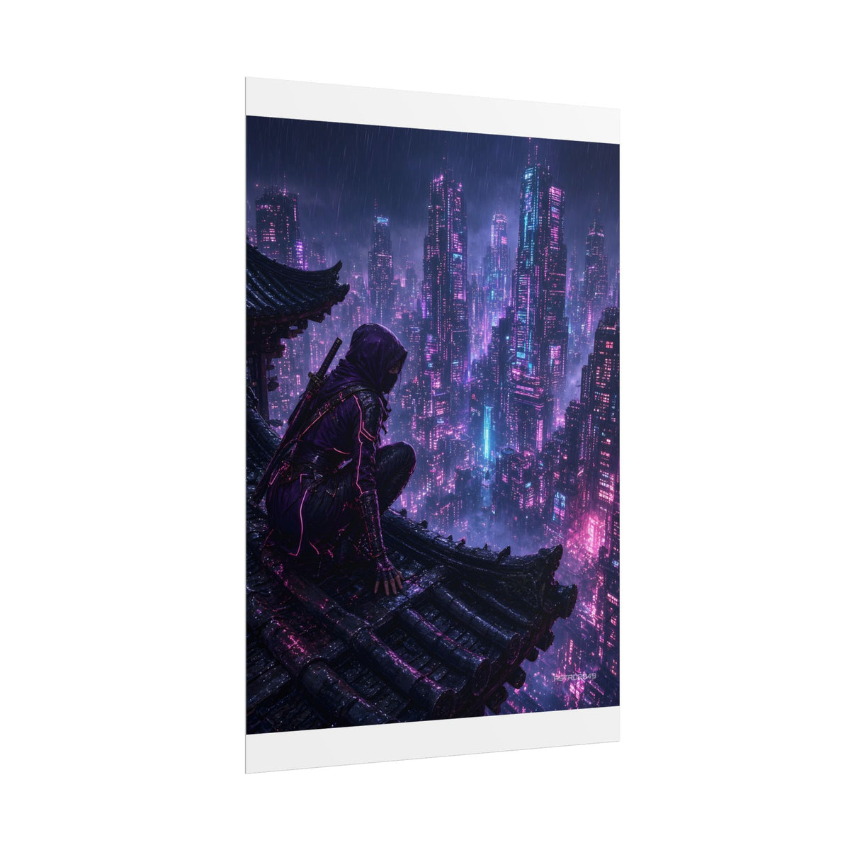 Neon Rooftop Kunoichi poster hanging above a dark gaming desk with neon lighting, view 4 of 8