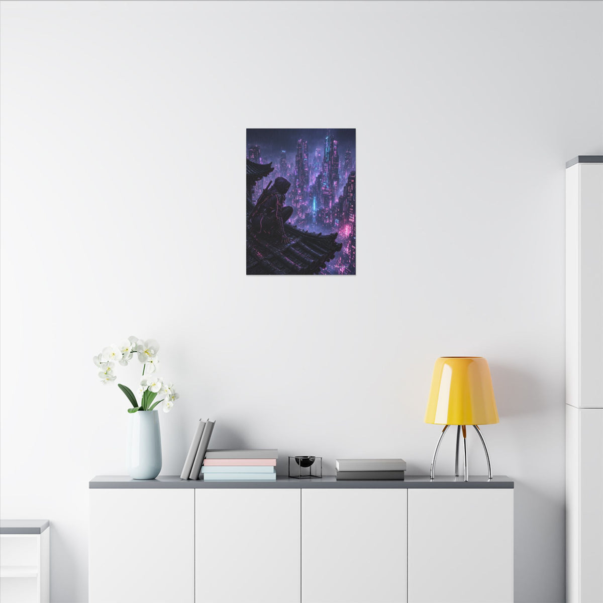 Neon Rooftop Kunoichi canvas hanging above a dark gaming desk with neon lighting, view 5 of 8