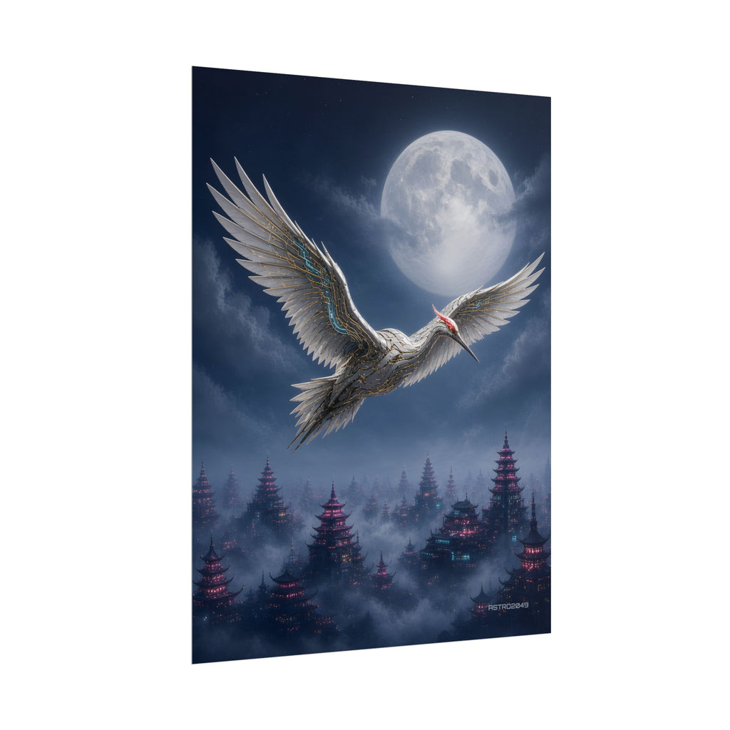 Moon Circuit Crane poster hanging above a dark gaming desk with neon lighting, view 7 of 8