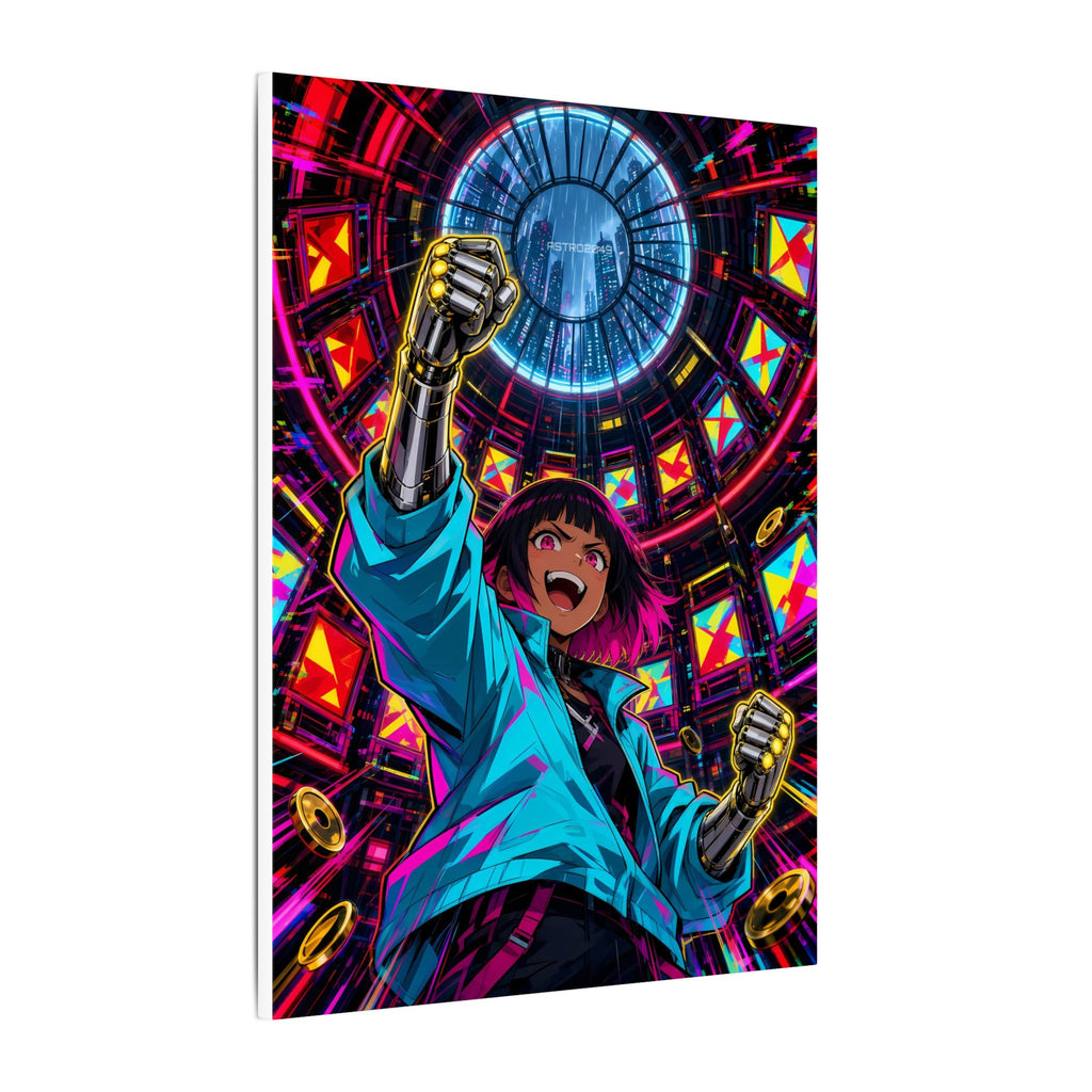 Arcade Nights 2049 canvas hanging above a dark gaming desk with neon lighting, view 3 of 8